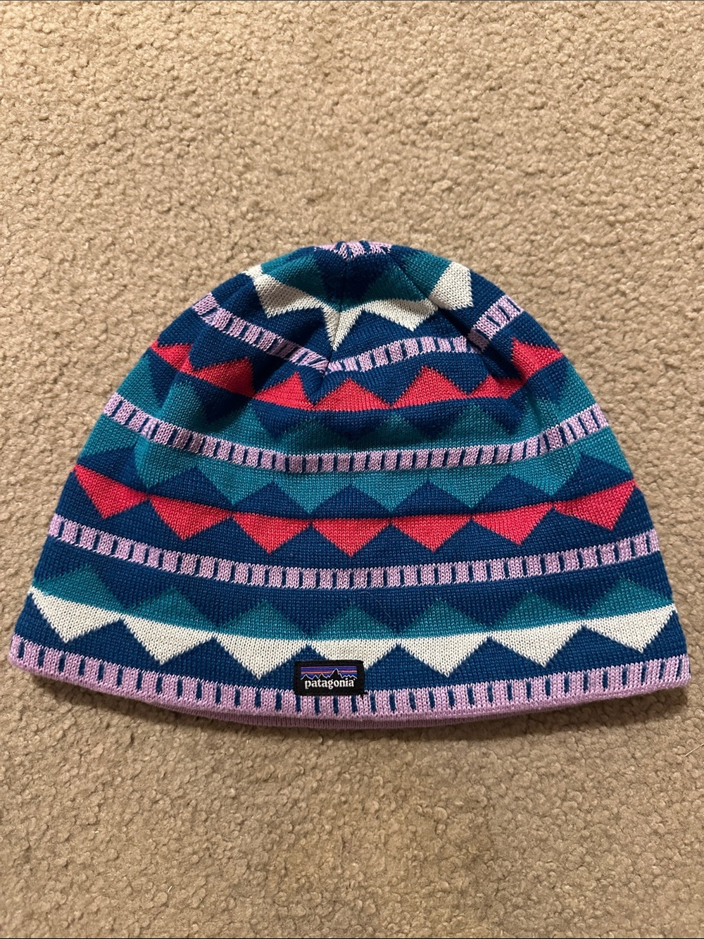 Patagonia Kids Geometric Knit Beanie in Pink, Teal & Navy